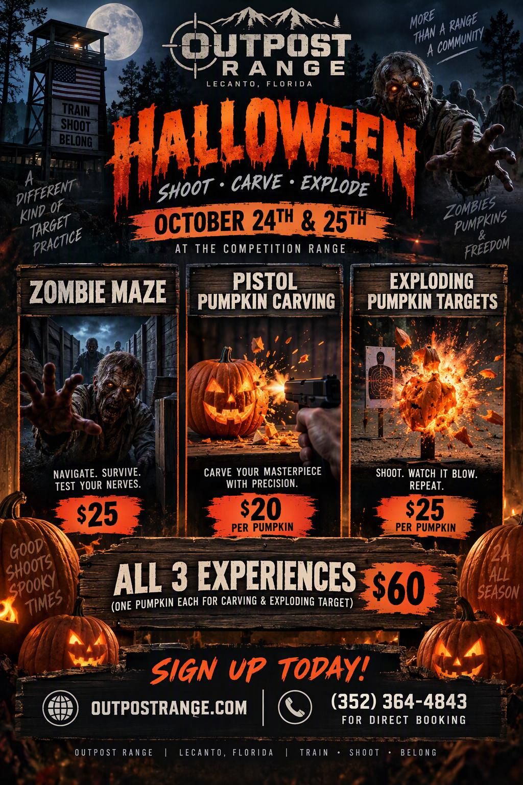 Outpost Range Halloween flyer: Zombie Maze, Pistol Pumpkin Carving and Exploding Pumpkin Targets, October 24 and 25. Select to book the Halloween Package.